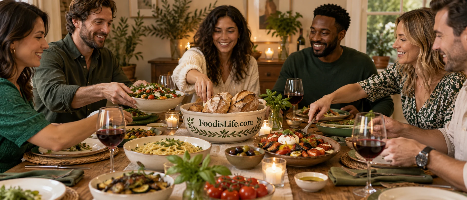 Neighbors sharing food around a welcoming table