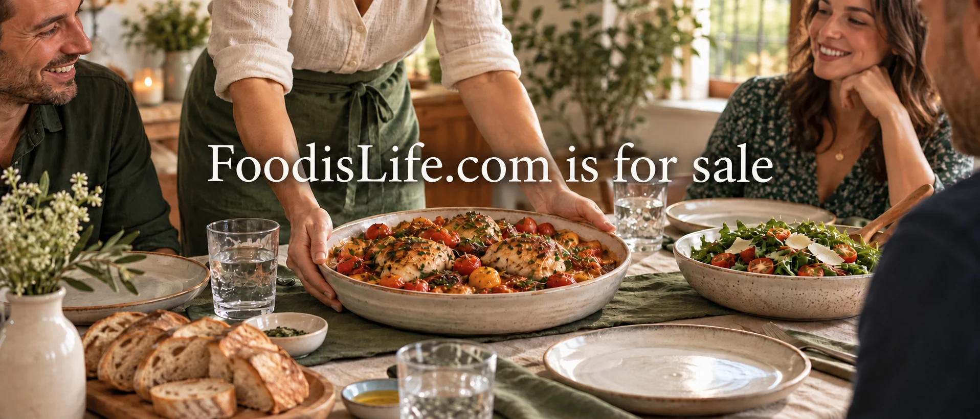 A relaxed shared meal with serving dishes at the table
